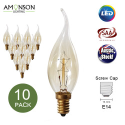 Flame Tip Candle Edison-style Carbon Filament Bulb Globe E14 40W Antique Clear Shape F  - 10 Pack 