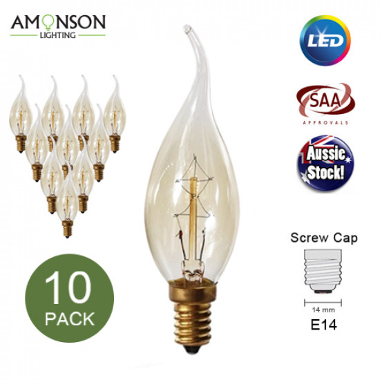 Flame Tip Candle Edison-style Carbon Filament Bulb Globe E14 40W Antique Clear Shape F  - 10 Pack 