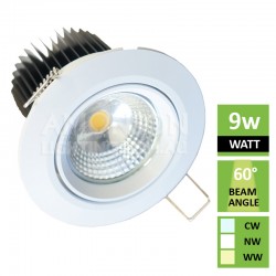 9W COB LED Dimmable Downlight, White Fitting